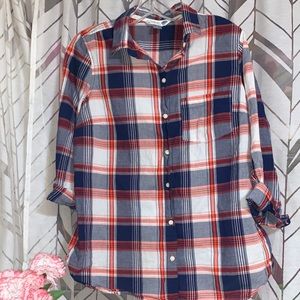 Red and Blue Plaid Button-Up Women’s Shirt
